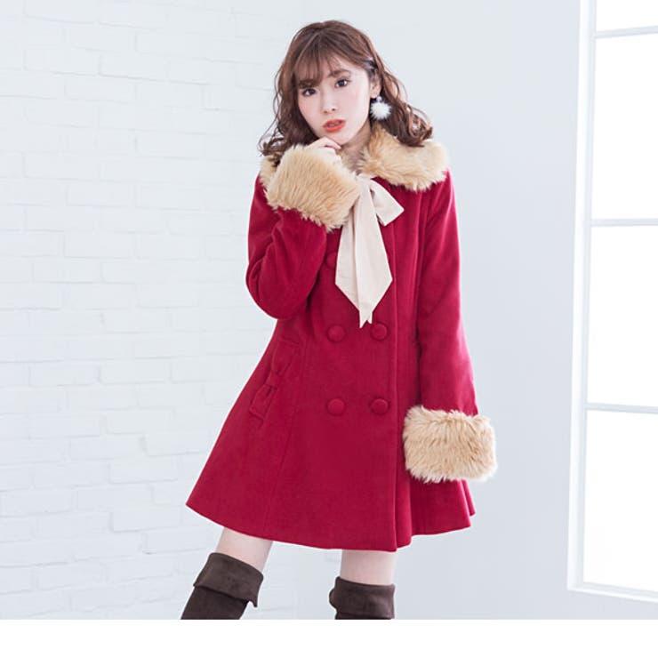 夢展望 ティペット付き 総ローズ柄 おリボン お姫様 ファー コート ファーティペット&リボン付きフィット&フレアーフェイクウール