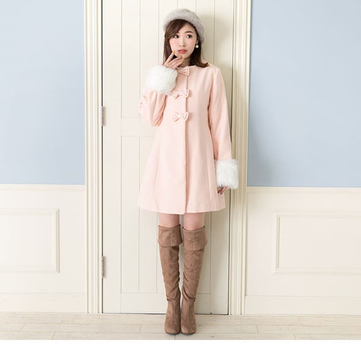 袖口ファー付き3連リボンノーカラーコート|MaR|FN|CS||][品番