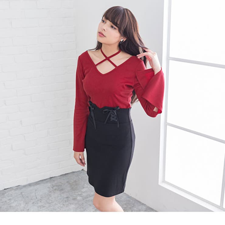 フロントクロスリボンフレアスリットスリーブトップス|NL|LX|CS