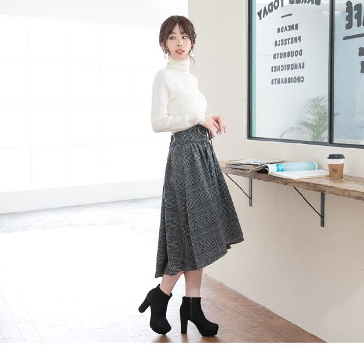 フェイクウールウエストレースアップグレンチェックフィッシュ