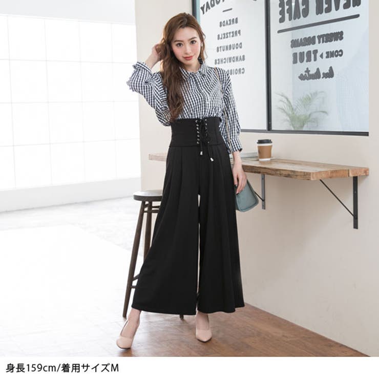 レースアップコルセットベルト付き美ラインワイドパンツ|NL|CS||][品番