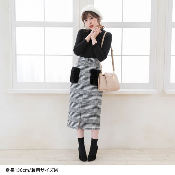 ファーポケット付きコーデュロイ&グレンチェックミモレタイト