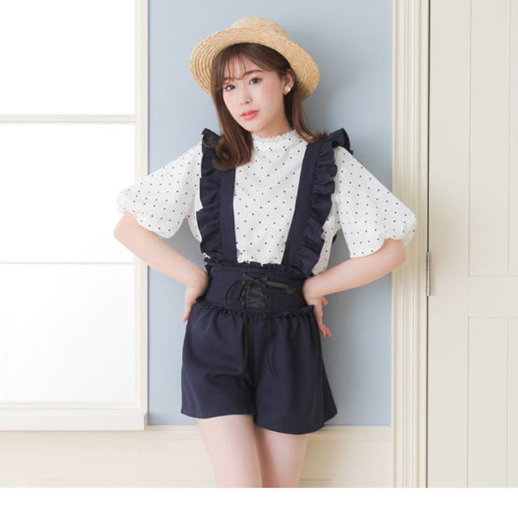 サスペンダー付き ブラックショートパンツ 脇ギャザーサス付ハイウエストショートパンツ – レディース