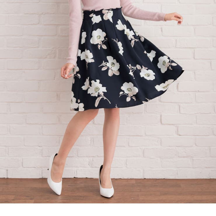 選べる花柄2タイプ♪ウエストタック&フレア膝丈スカート MaR FN