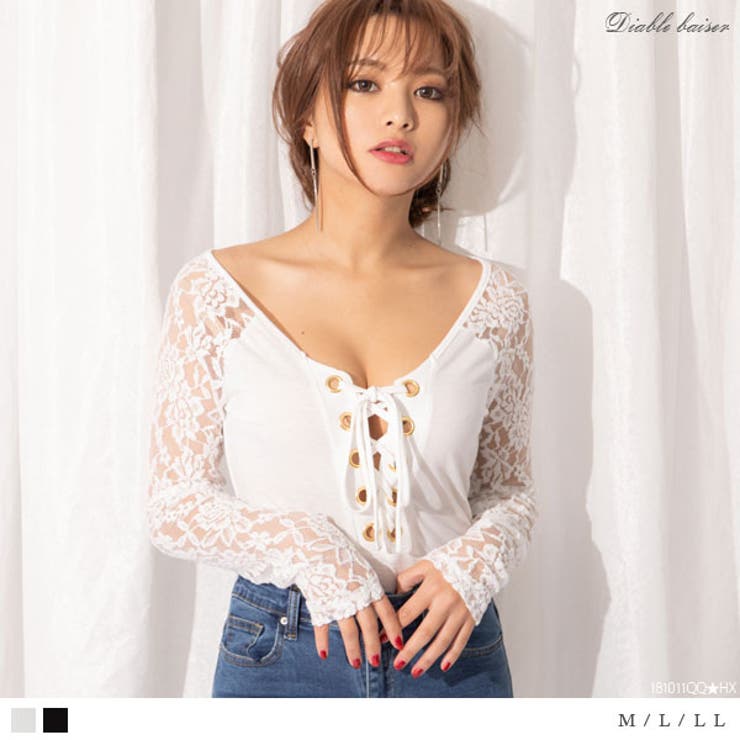 透けレース袖ゴージャスレースアップセクシートップス|DB|LX|SE 