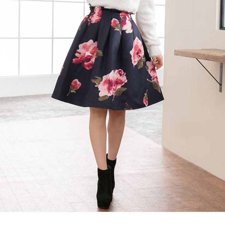 ウエストタックデザイン♪水彩花柄フレアスカート|MaR|FN|CS||][品番