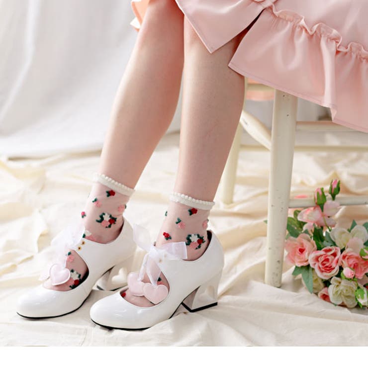 夢展望 deary ホワイトレースパール ハート ヒール ミュール 夢展望