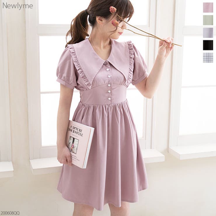 【美品】アンドクチュール ボウタイフリルロングワンピース 総柄 パープル系 美品】アンドクチュール ボウタイフリルロングワンピース 総柄