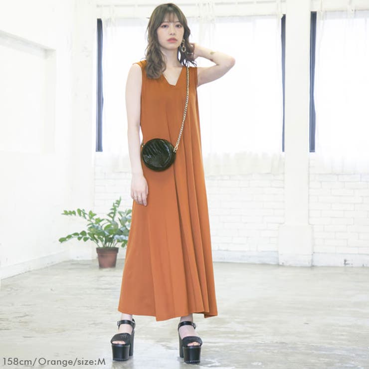オレンジ】韓国ネックタックカットワンピース 韓国ファッション