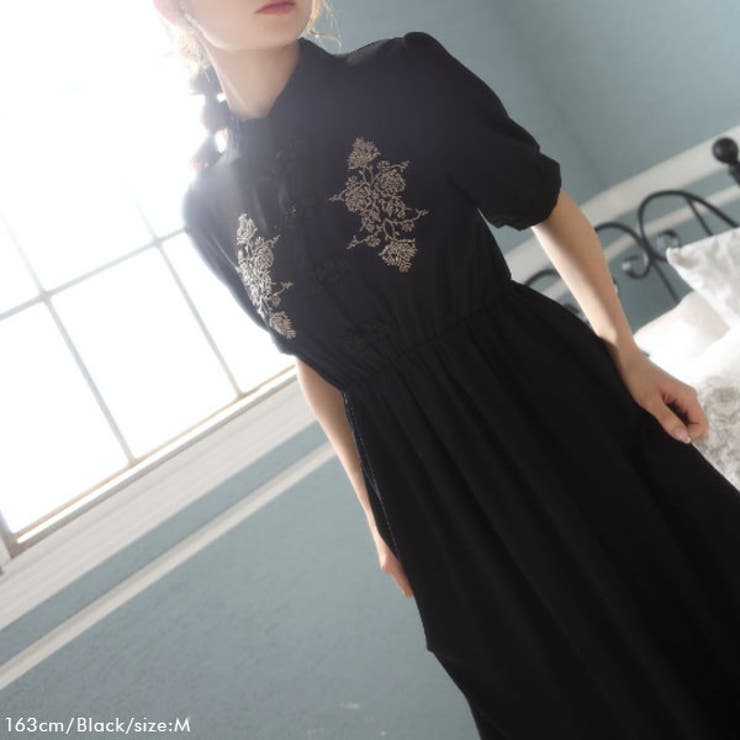 刺繍入りチャイナ半袖ワンピース 韓国 オルチャン 夢展望[品番