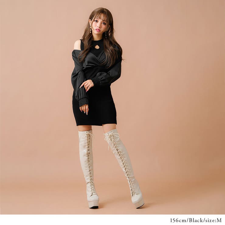 袖ブラウスドッキングニットワンピース - ニットワンピース