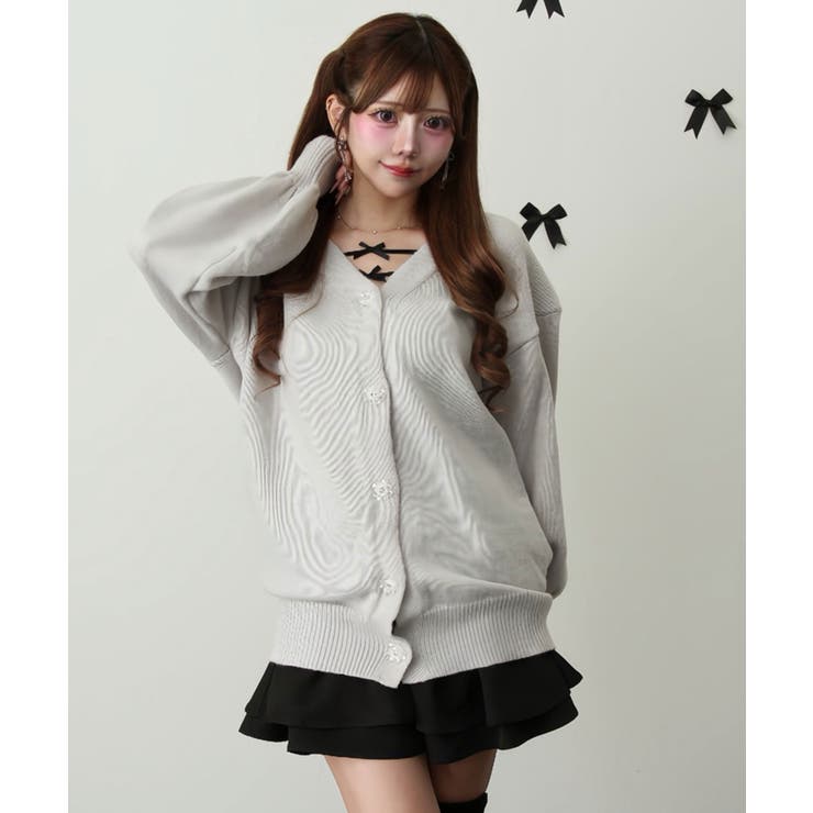 Vネックあざといビジュー釦カーディガン 韓国 夢展望[品番