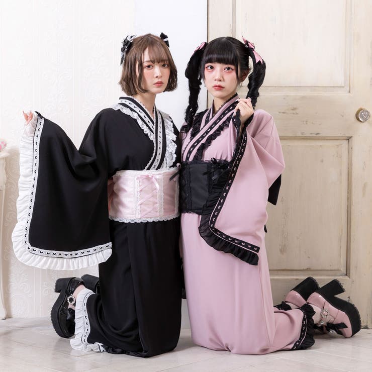 フリルいっぱい大人用浴衣ドレス　セパレート　地雷系　姫ギャル　紺の矢柄に赤のバラ フリルいっぱい大人用浴衣ドレスセパレート地雷系姫ギャル紺の