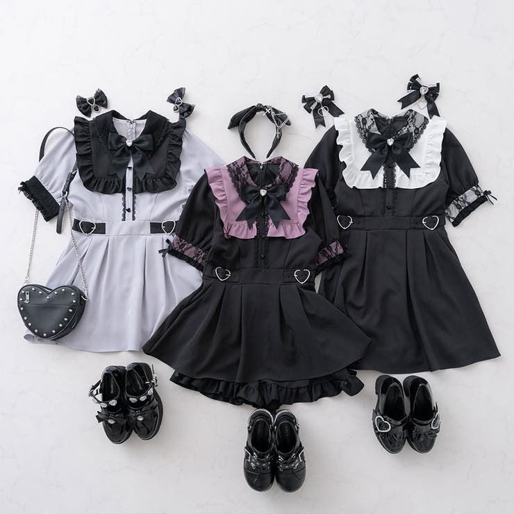 DearMyLove リボンミニビジュー手袋 （ピンク×黒リボン） キラキラハートビジューレース2個セットリボンクリップ 量産型