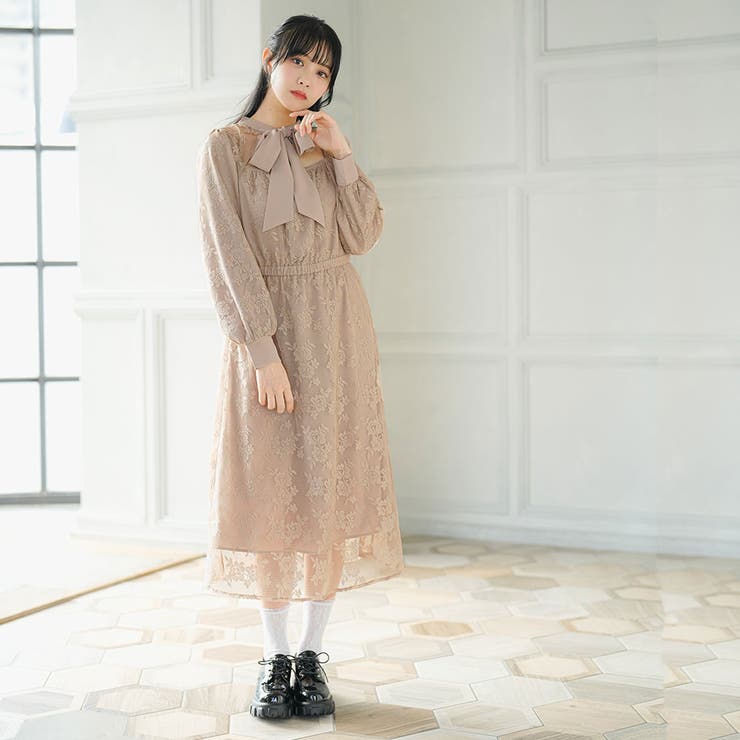 プラスサイズ】総レースリボンタイワンピース 韓国 夢展望[品番