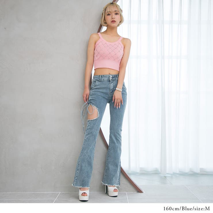 セクシー開きストレッチフレアデニムパンツ 韓国 夢展望[品番