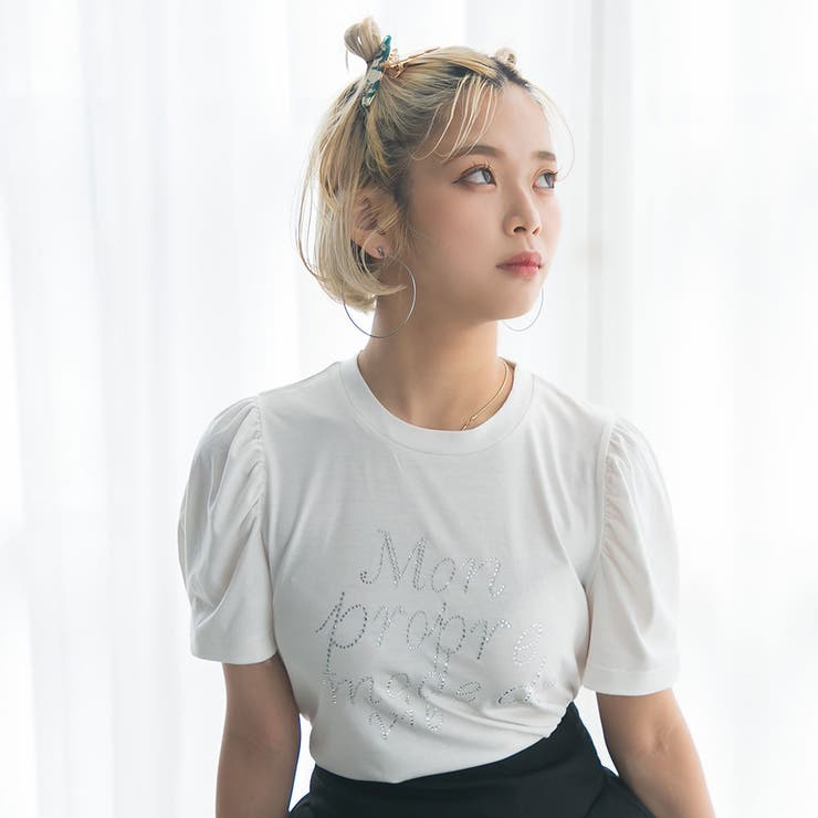 ストーンロゴパフスリーブTシャツカットソートップス 韓国 夢展望[品番  