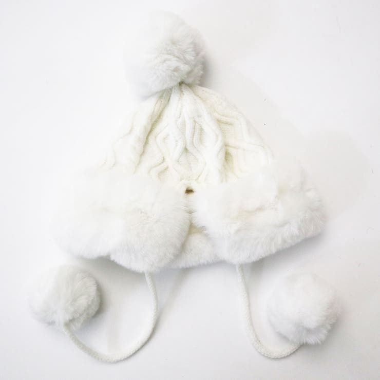 ふわふわポンポン付フェイクファーニット帽 韓国 夢展望[品番