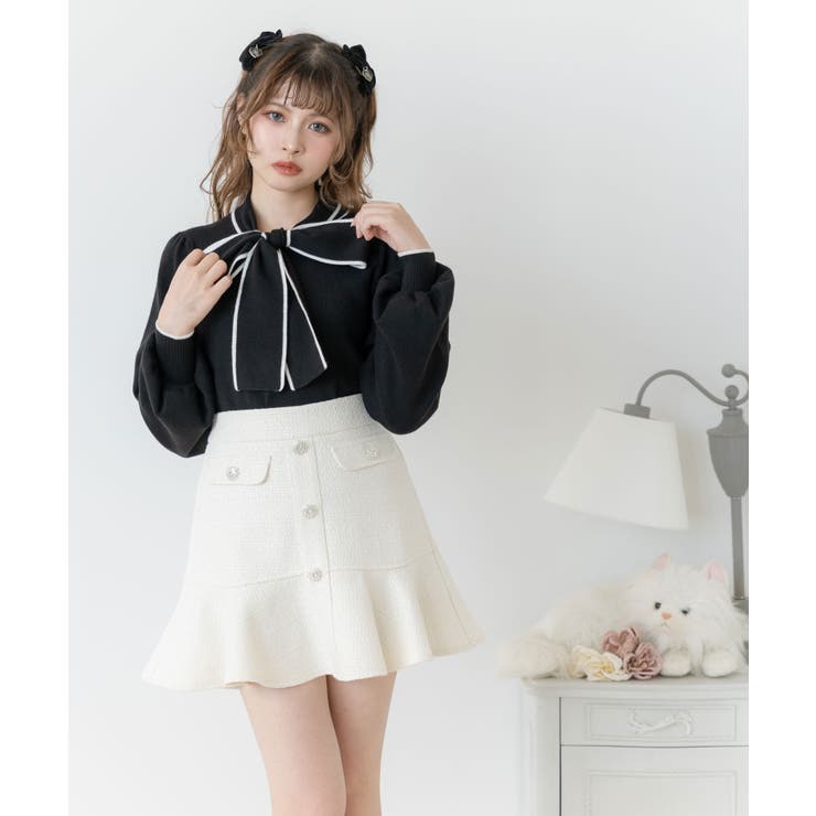 ビジューボタンツイードフリルスカート 量産型 地雷系 夢展望[品番