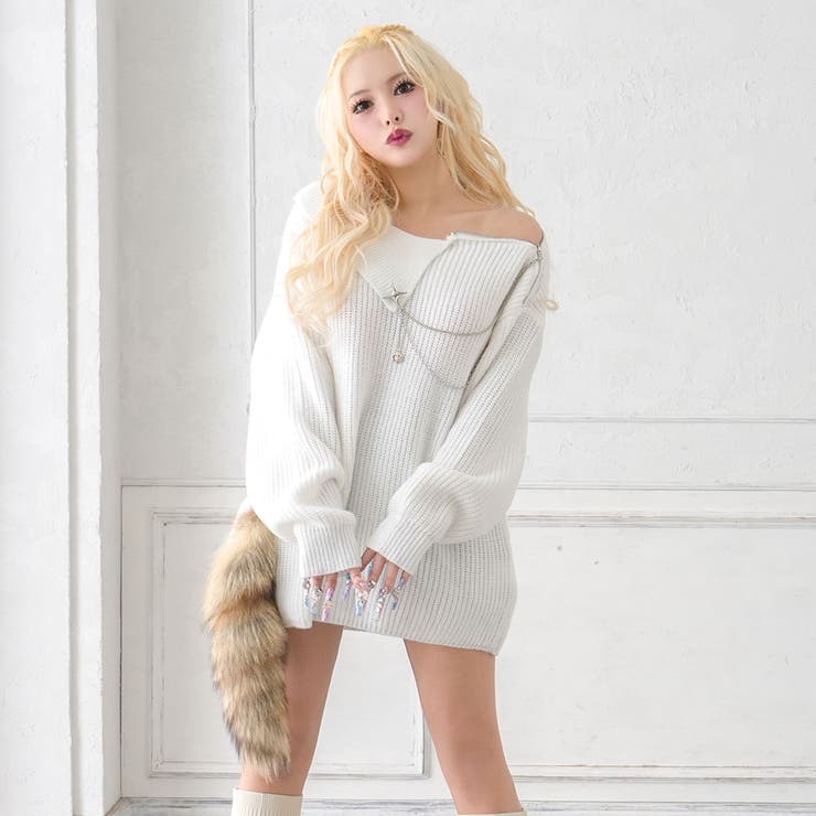 ビッグカラージップオフショルアレンジニットワンピース 韓国 夢展望 | 夢展望 | 詳細画像4 