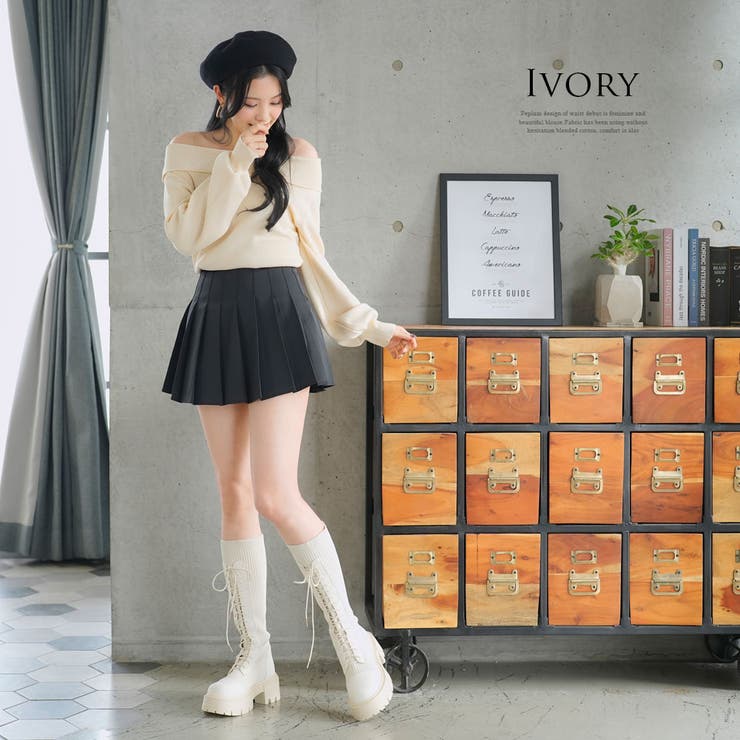 厚底レースアップリブストレッチロングブーツ 韓国 夢展望[品番