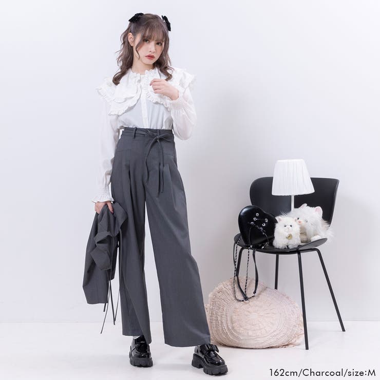 リボンベルト付シンプルタックワイドパンツ 量産型 地雷系 夢展望 | DearMyLove | 詳細画像2 