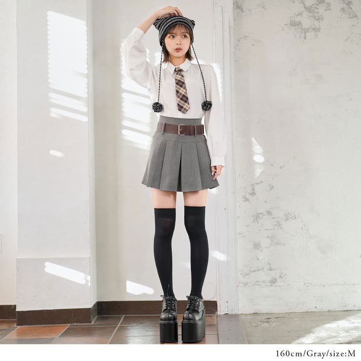 ベルト付制服風プリーツスカート 韓国 夢展望[品番：YU000046788]｜夢  
