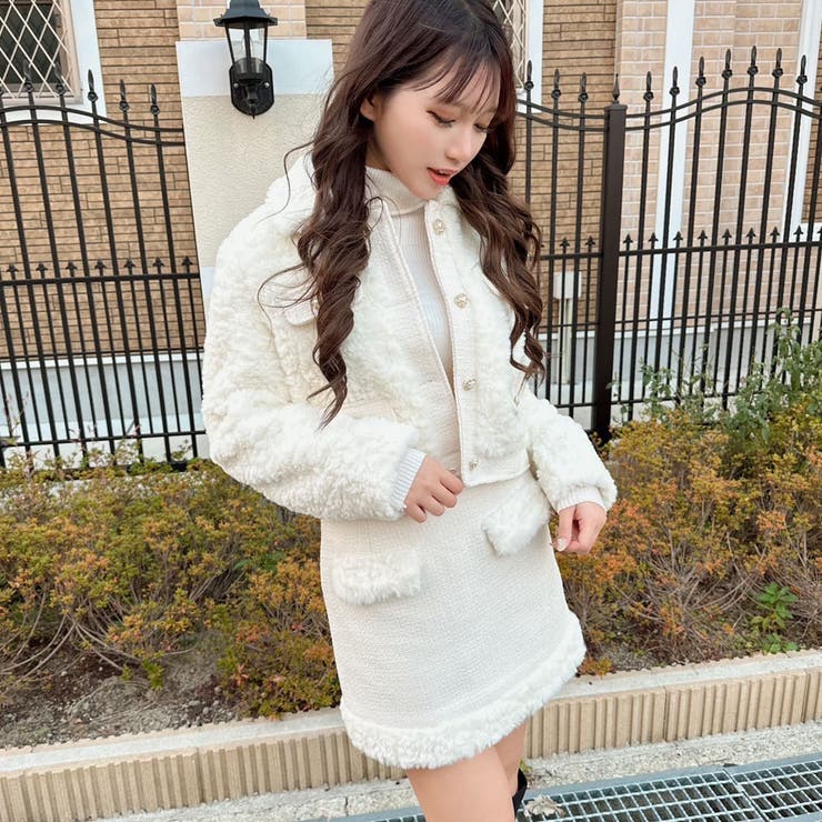 ふわふわファージャケット×ミニタイトスカートセットアップ 韓国 夢