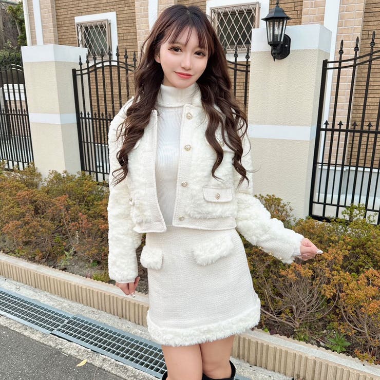 ふわふわファージャケット×ミニタイトスカートセットアップ 韓国 夢