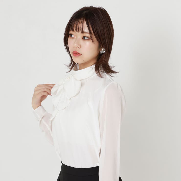 上品ボウタイリボン取り外し可 袖シアーブラウス 韓国[品番