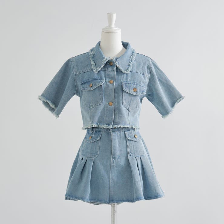半袖デニムジャケット×フレアスカートセットアップ 韓国 夢展望[品番