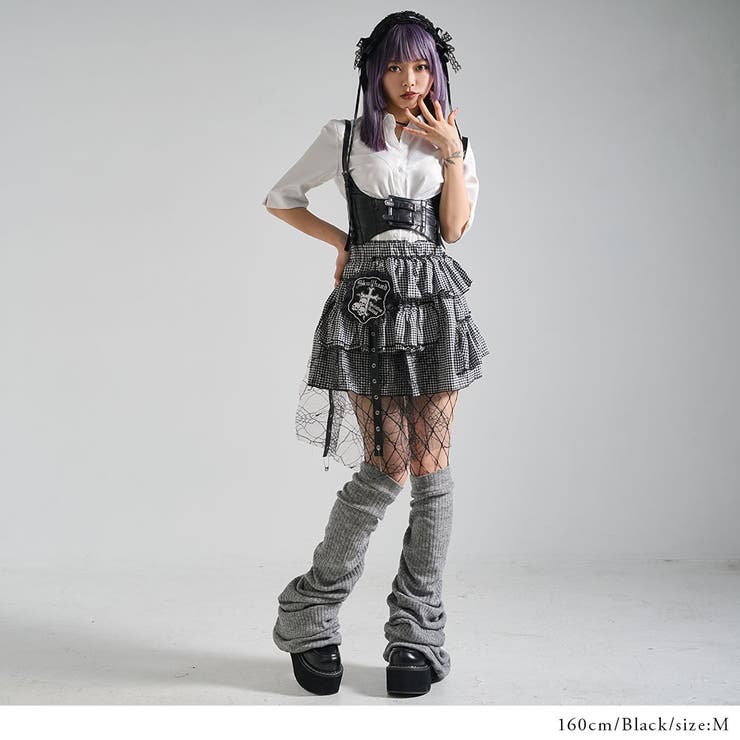 人気商品ランキング ドクロモチーフピン付蜘蛛の巣チュールギンガムチェックスカート スカート
