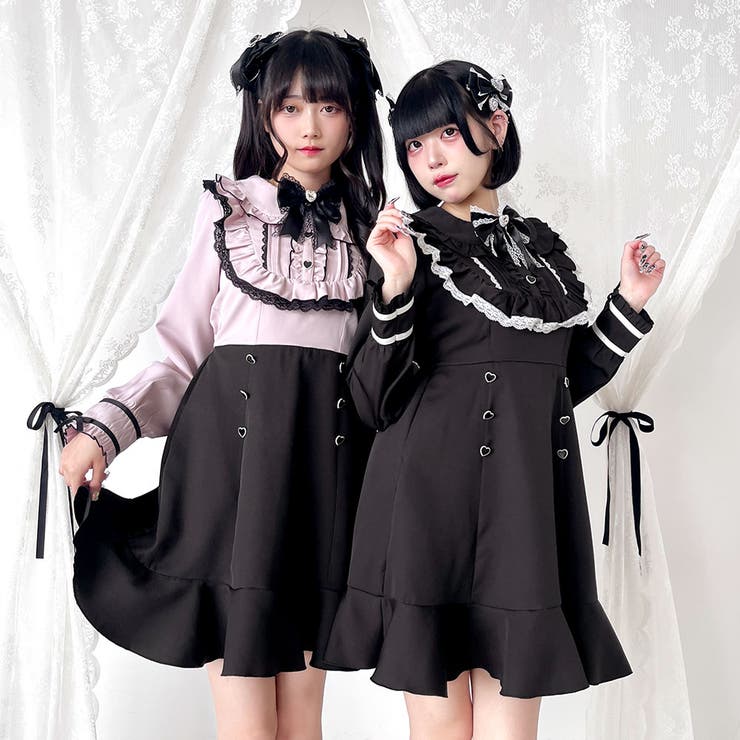 ヨークフリルハートビジューリボンフレアワンピース 量産型 地雷系 夢