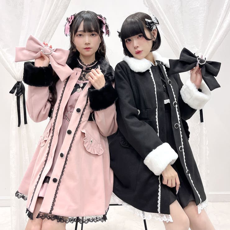TRALALA ファー付リボンレースパールボタンコート ピンク×黒 平成 地雷系 レースフリルビジュープリンセスリボンコート 量産型 地雷系 夢