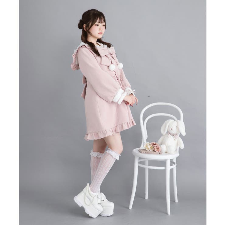 DearMyLove 通しレースリボンフェイクファーフリルロングコート ピンク DearMyLove 通しレースリボンフェイクファーフリルロングコート