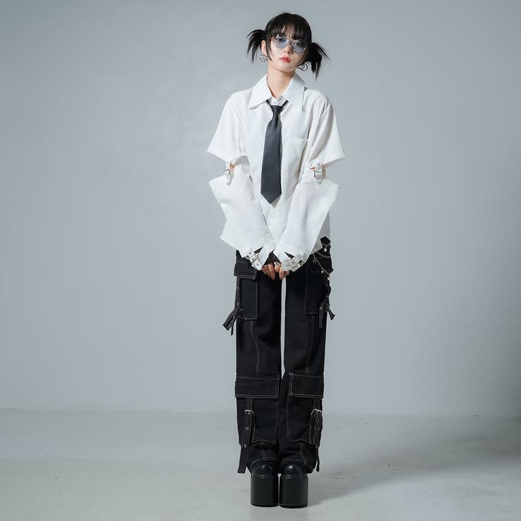 ステッチベルトポケットブラックデニムパンツ 韓国 夢展望[品番