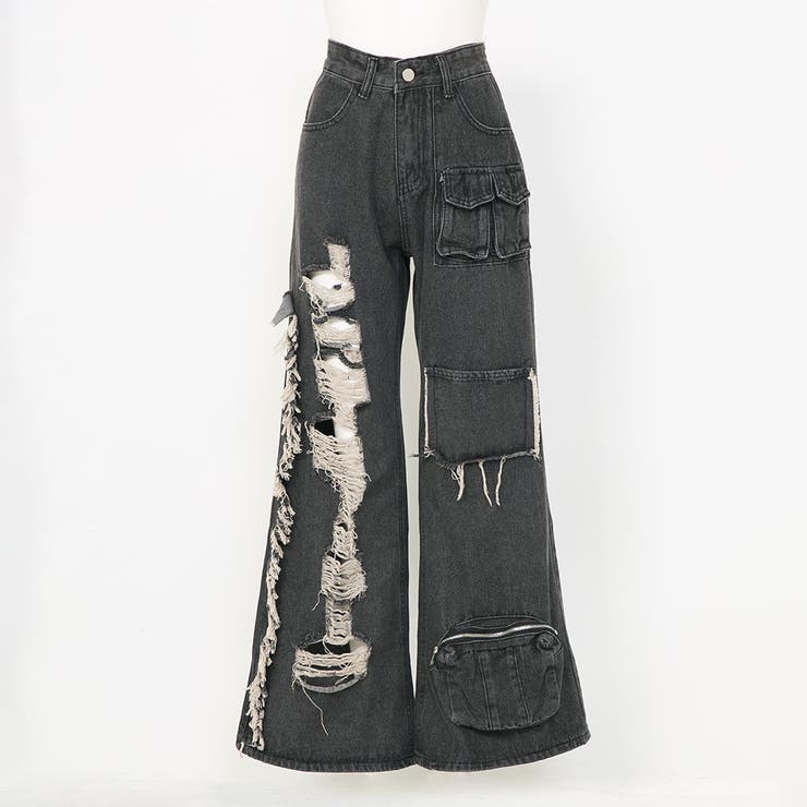 フリンジダメージ加工パッチポケットデニムパンツ 韓国 夢展望