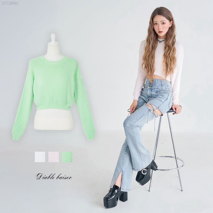 フワフワシャギークロップド丈ニットトップス 韓国 夢展望 | 夢展望 | 詳細画像1 