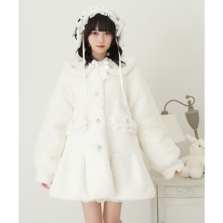 キラキラビジュー襟デザインファーコート 量産型 地雷系 夢展望[品番