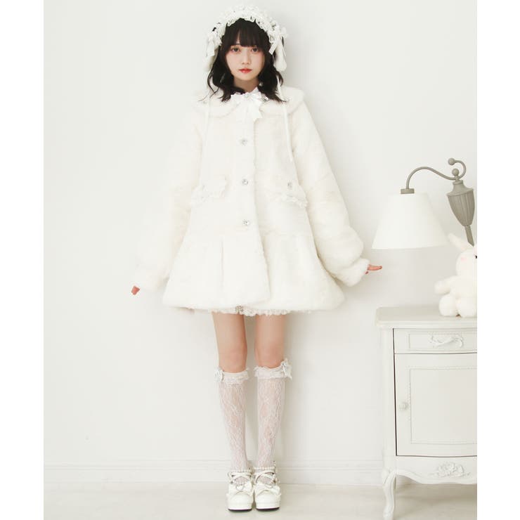 マイホワイト♡ファーコート♡予約完売 キラキラビジュー襟デザインファーコート 量産型 地雷系 夢展望[品番