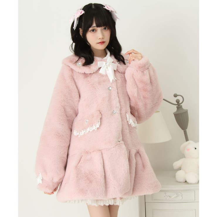 キラキラビジュー襟デザインファーコート 量産型 地雷系 夢展望[品番