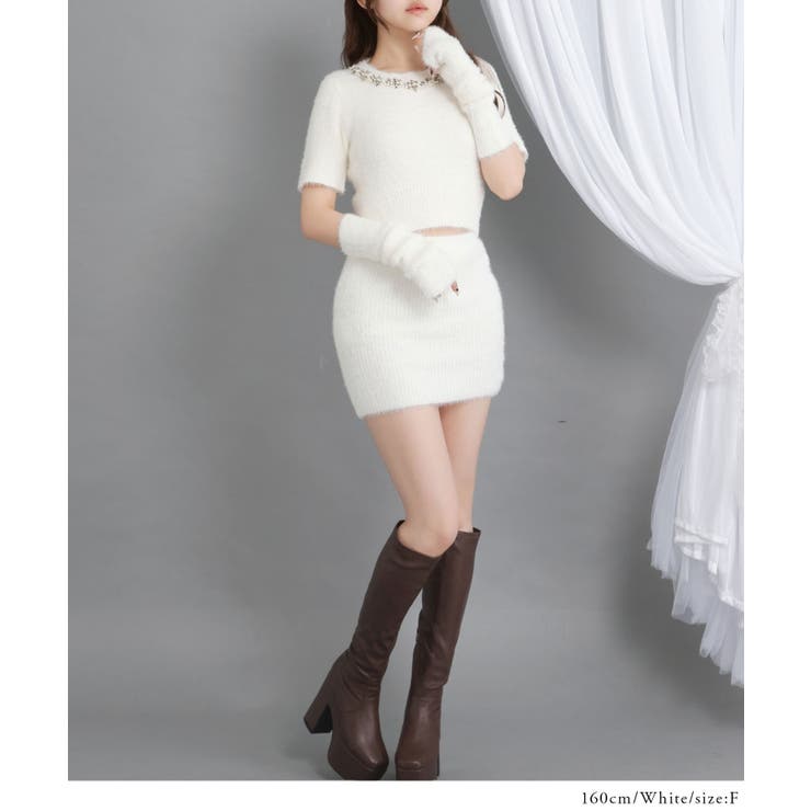 アームウォーマー付ビジューシャギーミニスカートセットアップ3点セット 韓国 夢展… | 夢展望 | 詳細画像2 