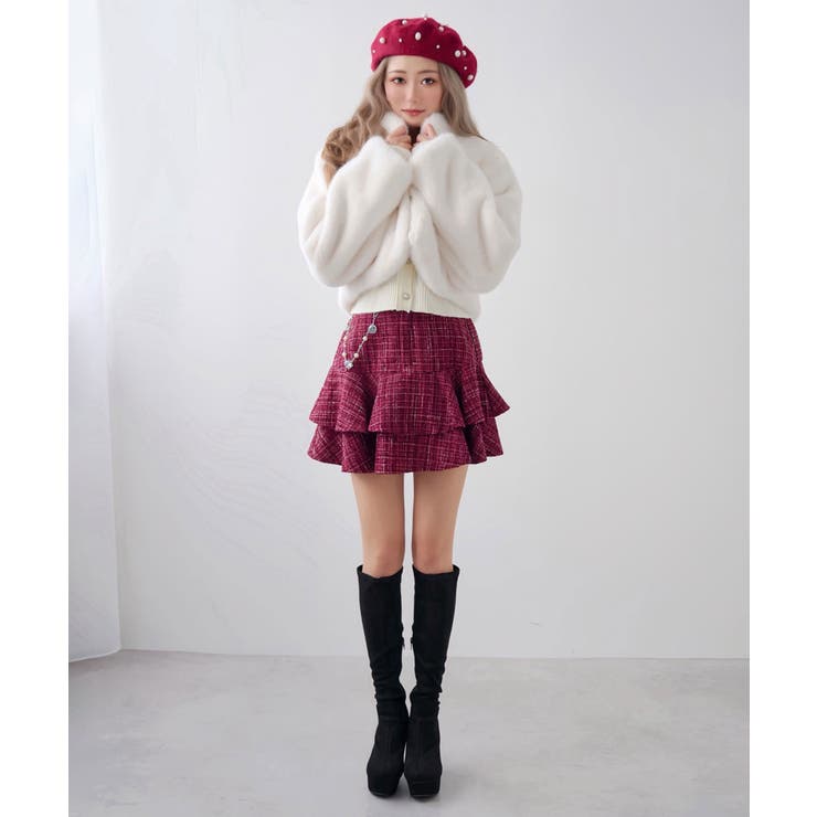 ビジューチェーン付ツイードティアードスカート 韓国 夢展望[品番