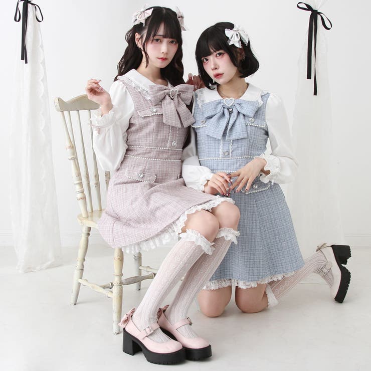 ハートパールお嬢様ツイードワンピース 量産型 地雷系 夢展望 ハートパールお嬢様ツイードワンピース 量産型 地雷系 夢展望