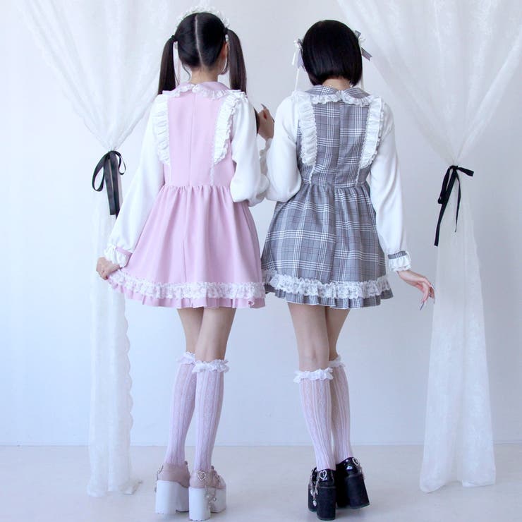 夢展望 バラレースパールリボンハートビジューワンピース　チェックグレー４Lサイズ バラレースパールリボンハートビジューワンピース 量産型 地雷系 夢