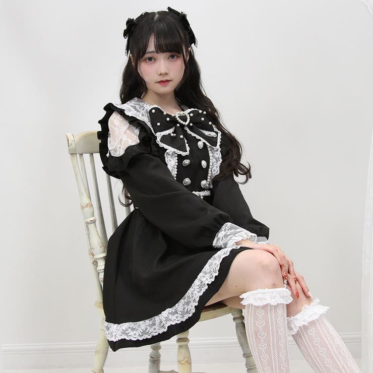 ハートボタンパールチェーンレースフリルワンピース 量産型 地雷系 夢