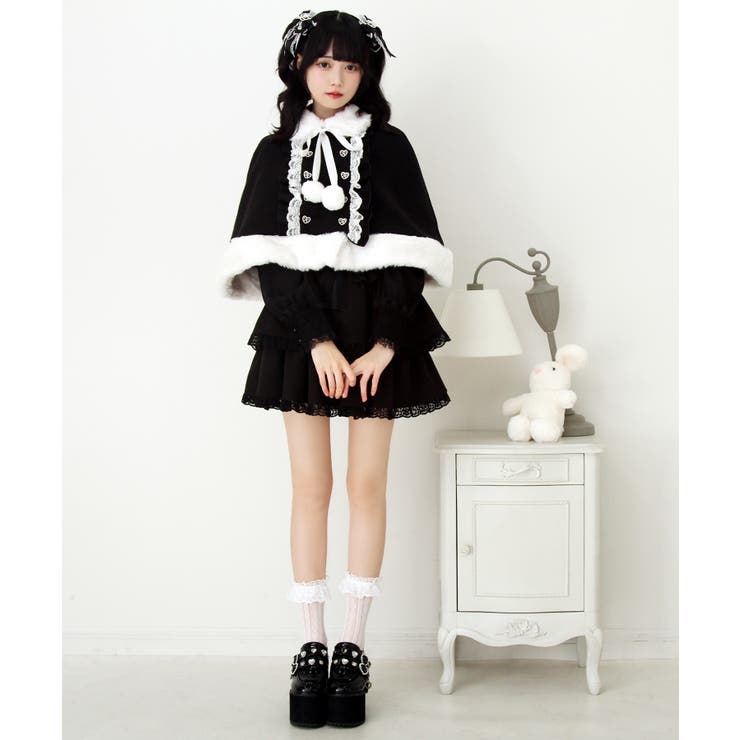 ファーポンポンハートビジューリボンケープコート 量産型 地雷系 夢展望 | DearMyLove | 詳細画像5 