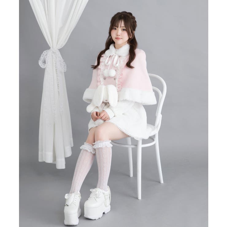 夢展望 DearMyLove ファーポンポンハートビジューリボンケープコート