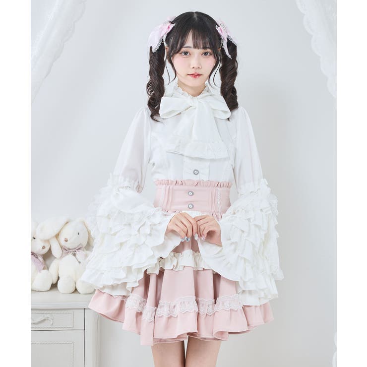 【美品】 Rene 袖リボン長袖フレアジャケット　36 白×黒 チェック フリルハイネックレースリボンプリンセスブラウス 量産型 地雷系 夢