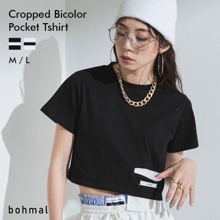 クロップドバイカラーポケットTシャツ 韓国 夢展望 | 夢展望 | 詳細画像1 
